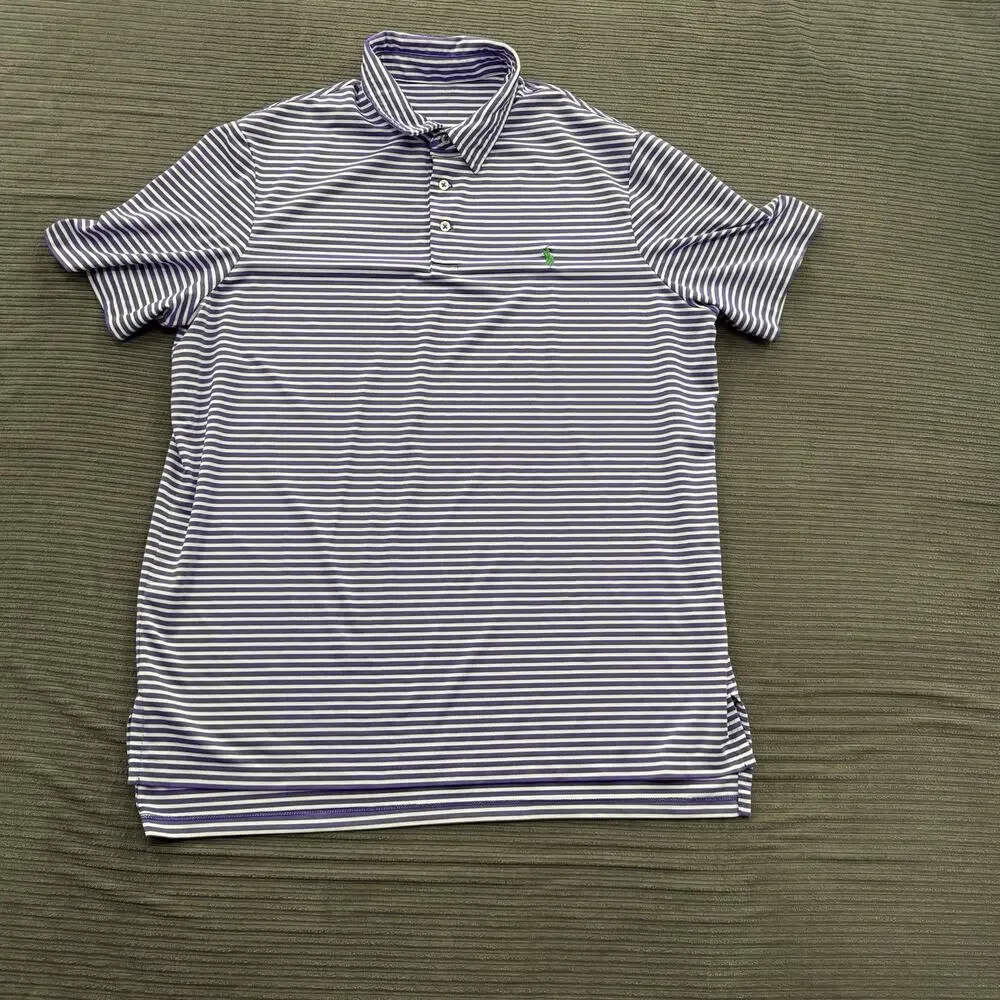 Ralph Lauren‎ Performance Polo Shirt Men XL Purple Striped Polyester Golf.